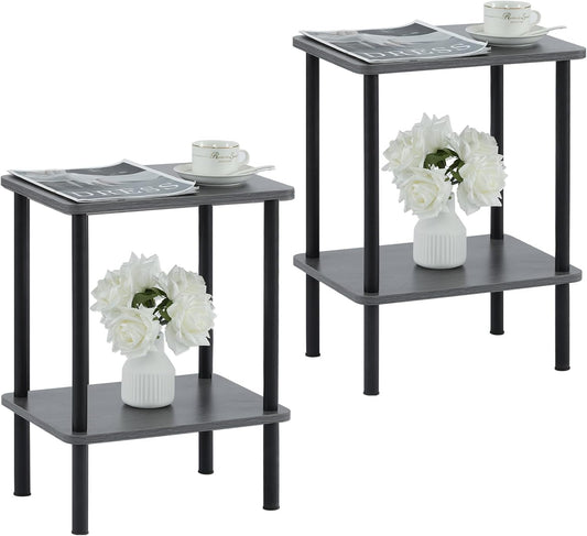 Apicizon 2 Tier End Table Set of 2, Boho Side Table with Storage Shelf, Nightstand Bedside Table for Small Spaces, Bedroom, Living Room, Entryway, Farmhouse, Easy Assembly, Grey