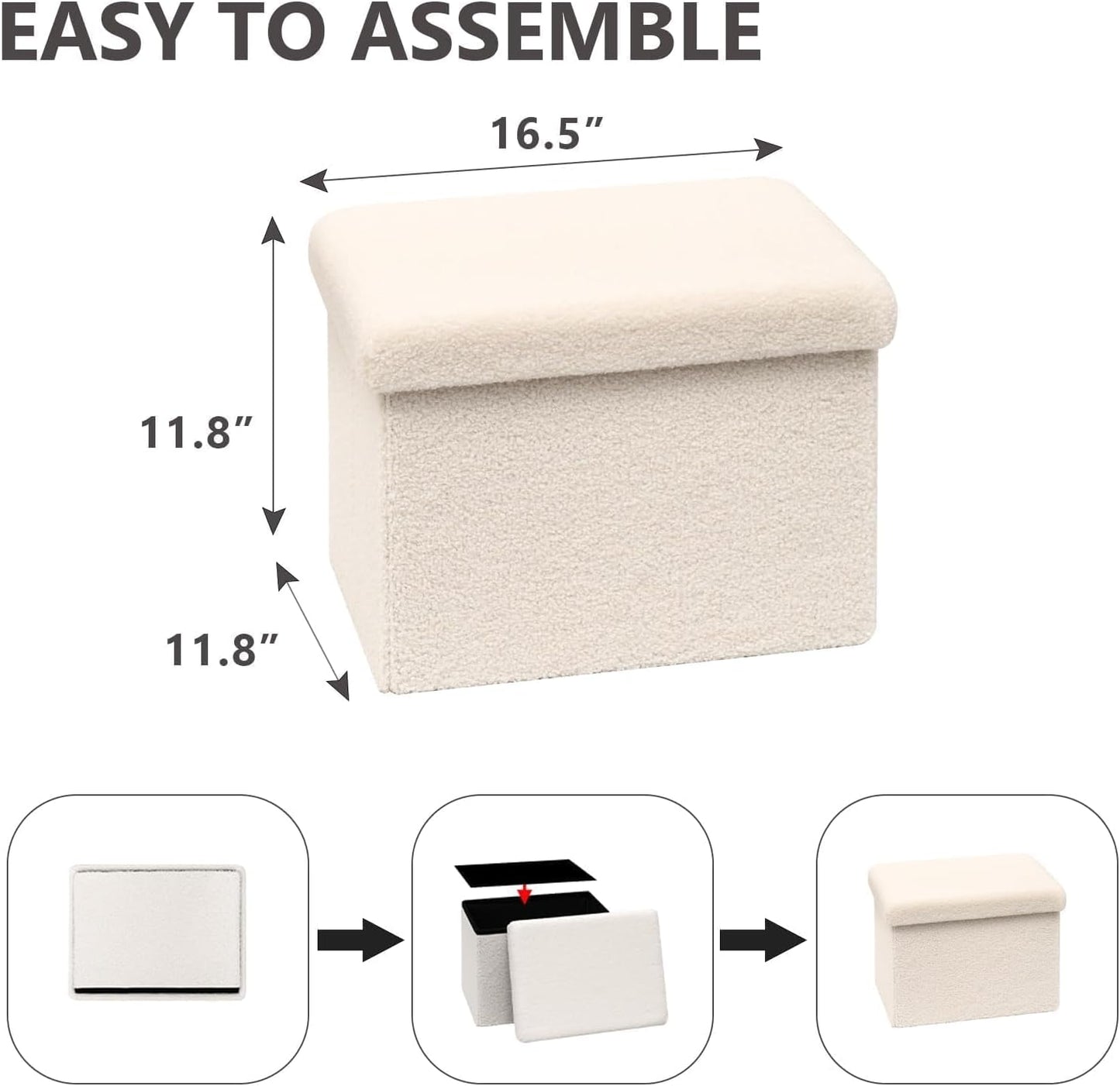16.5 Folding Storage Ottoman Cube - Small Footrest with Sherpa Top, Multi-Functional Storage for Bedroom, Living Room,White