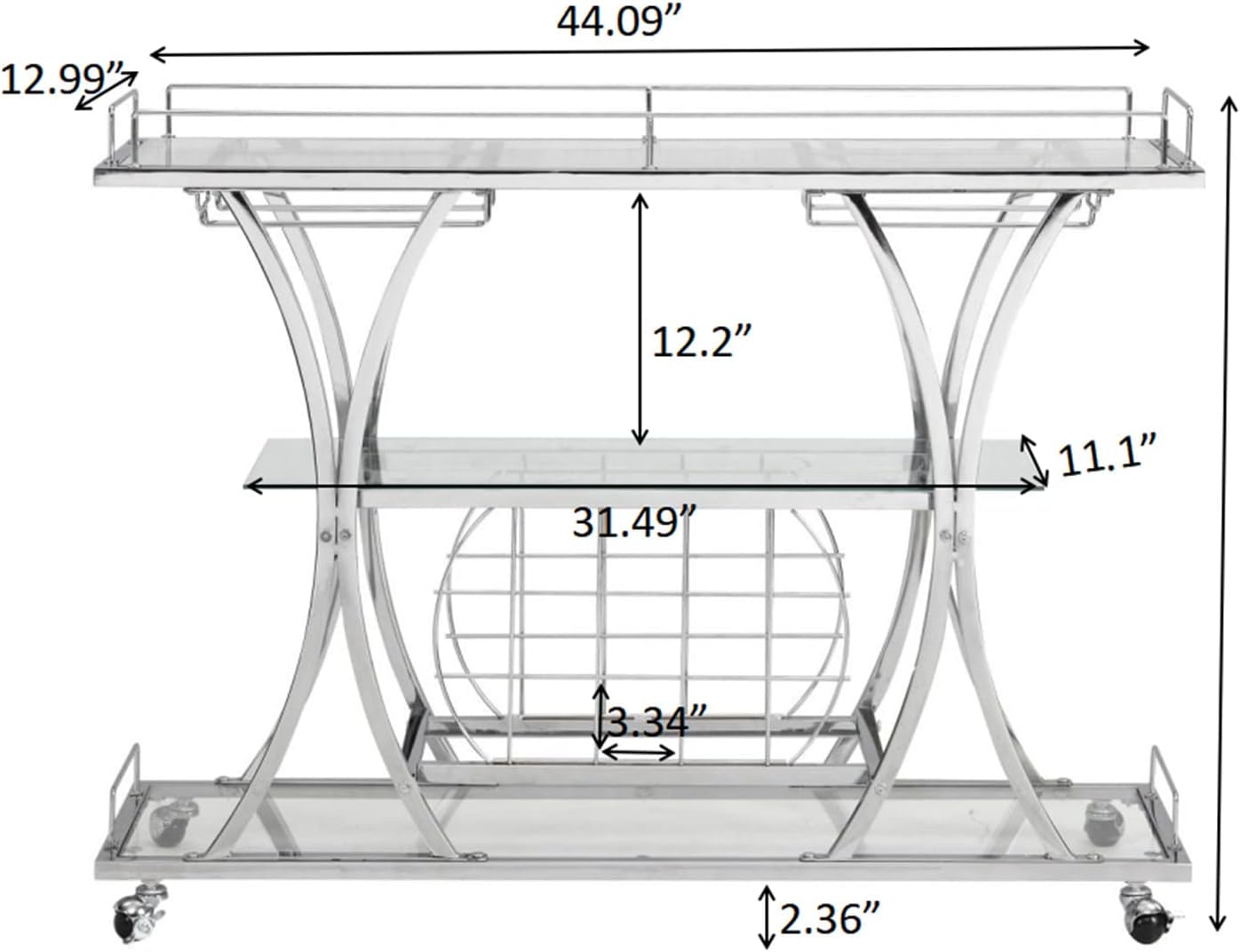 Silver Bar Carts with Glass Holders & Wine Rack,3 Tier Home Bar Serving Carts with Glass Shelves,Metal Rolling Bar Carts for The Home Kitchen, Party