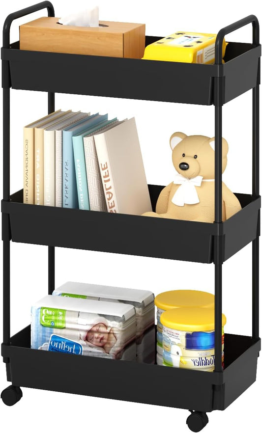 3-Tier Storage Cart，Shelf Organizer Mobile Shelving ，Utility Rolling Cart，Multifunction Movable Storage Organizer with Lockable Wheels,Black