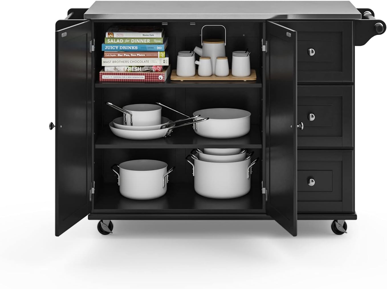 Homestyles Dolly Madison Black Mobile Kitchen Island Cart with Stainless Steel Top