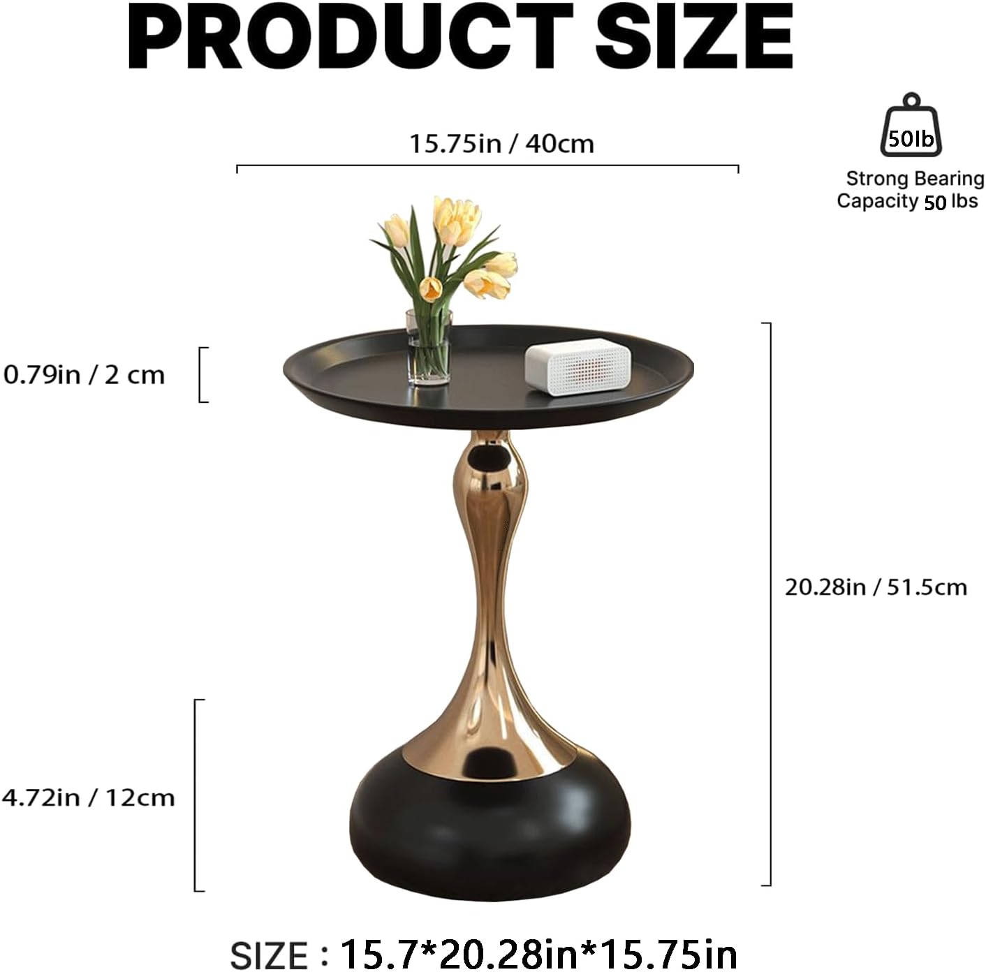 Modern Round Side Table with Gold Pedestal Base, Black Metal Top, Accent End Table for Living Room (Black)