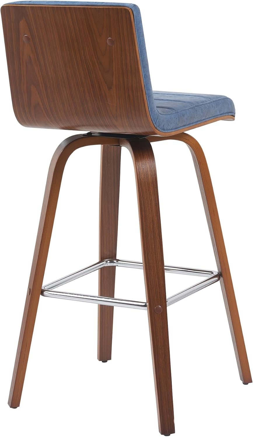 Armen Living Vienna Modern Swivel 30" Bar Height Barstool with Vintage Blue Faux Leather and Walnut Wood Finish