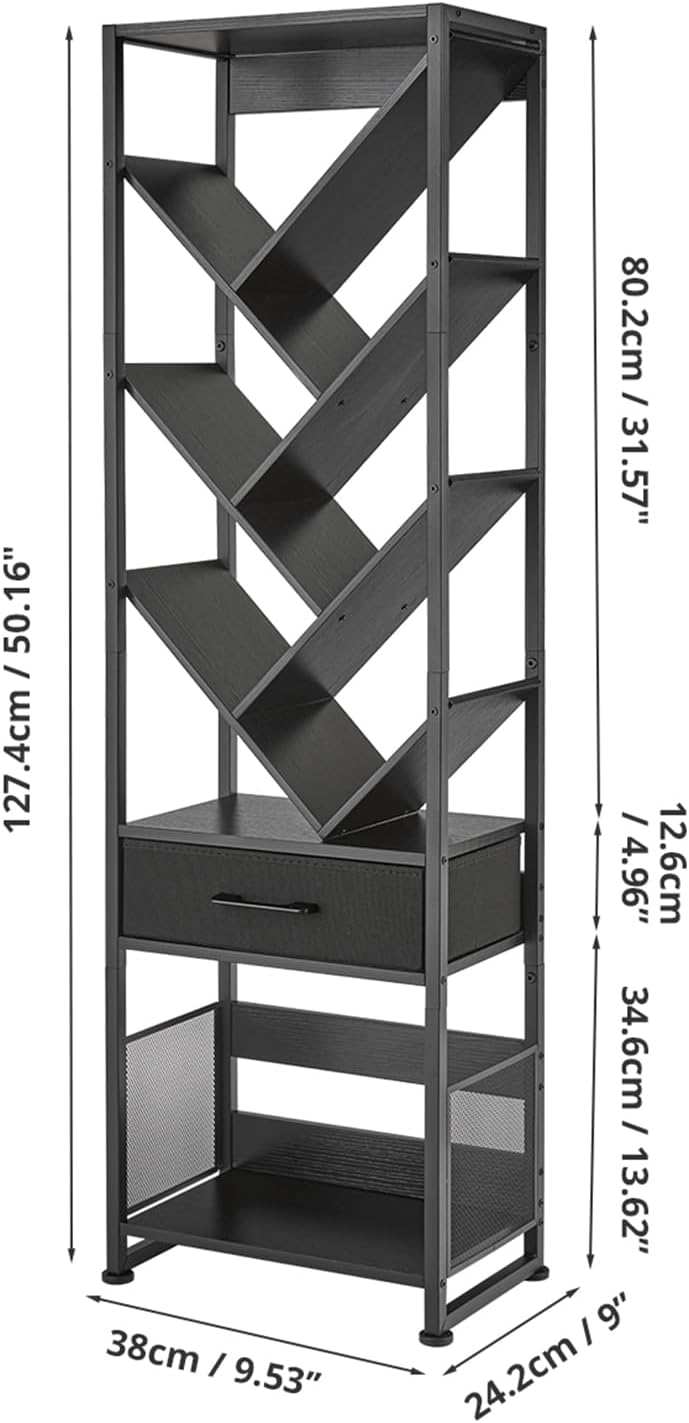 Bookshelf with Drawer,10 Tier Tree Bookcase Retro Floor Standing Bookshelves,Tall Wood Bookcases with Cabinet Storage Organizer for Living Room, Bedroom & Home Office, Black
