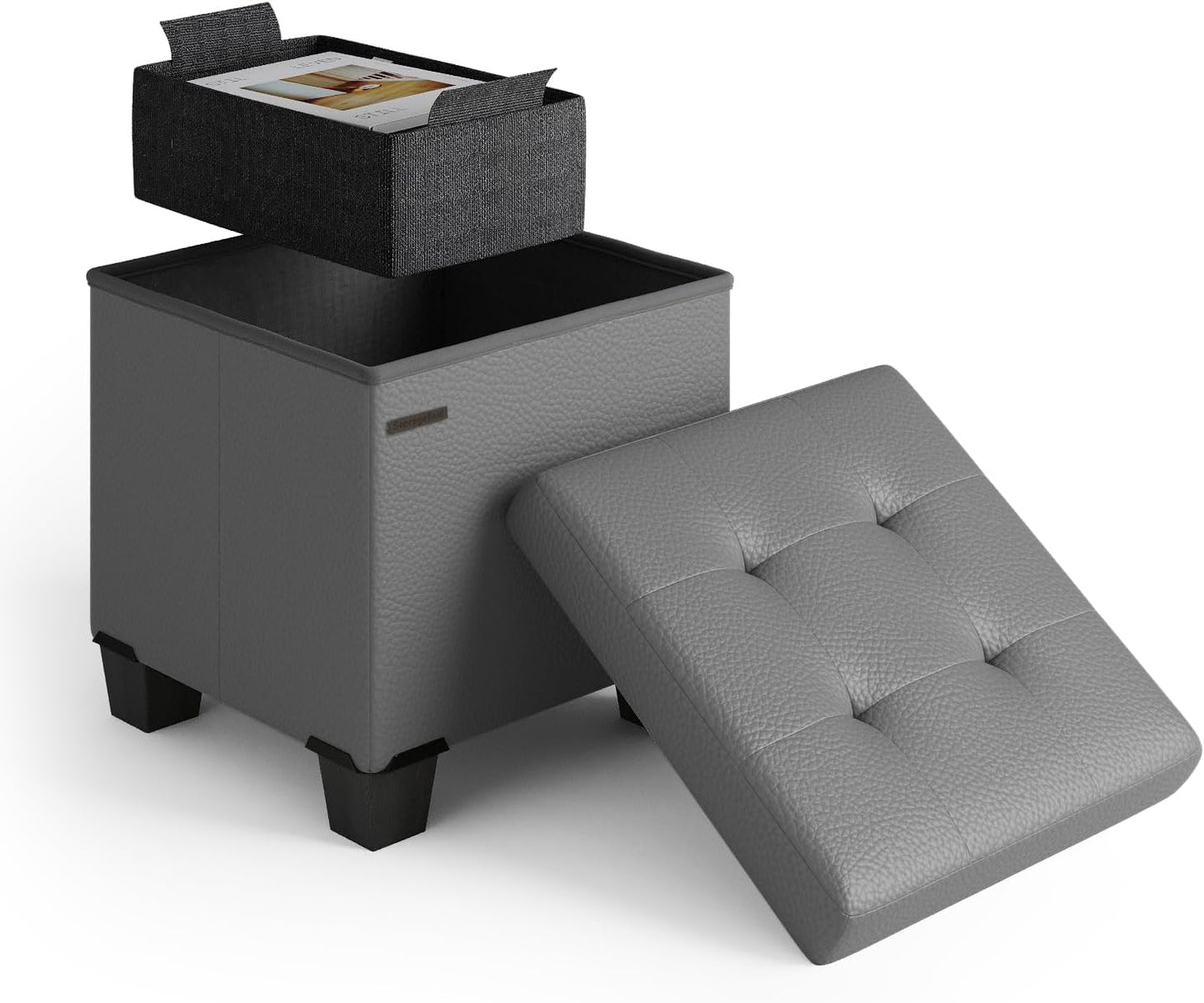 STORAGEBUD Storage Ottoman Cube with Small Bin, 16-in Square Ottoman with Storage for Living Room and Bedroom, Small Ottomans Foot Rest, Faux Leather Foot Stools Ottomans Max 330lbs, Grey