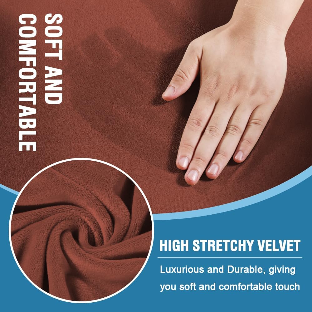 H.VERSAILTEX Sofa Cover 2 Piece T Cushion Armchair Slipcovers Thick Velvet Couch Cover Stretch T Cushion Sofa Covers for 1 Cushion Couch with 1 Individual T Cushion Covers Washable, Rust