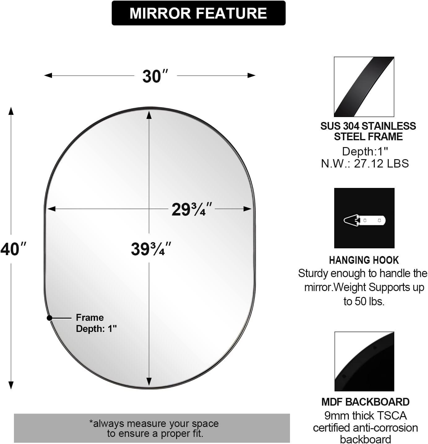 ANDY STAR Large Oval Black Bathroom Vanity Mirror, 30x40 Inch, Stainless Steel Metal Frame, Shatterproof Glass, Wall Mounted