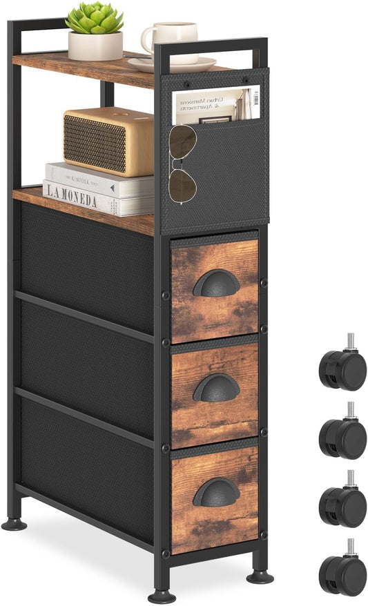 3 Drawer Narrow Dresser Side End Table Small Spaces, Slim Nightstand Bedside Sofa Table with Wheels, Space Saving Skinny Thin Couch Desk with Storage Bag for Bedroom Living Room Bathroom,Black