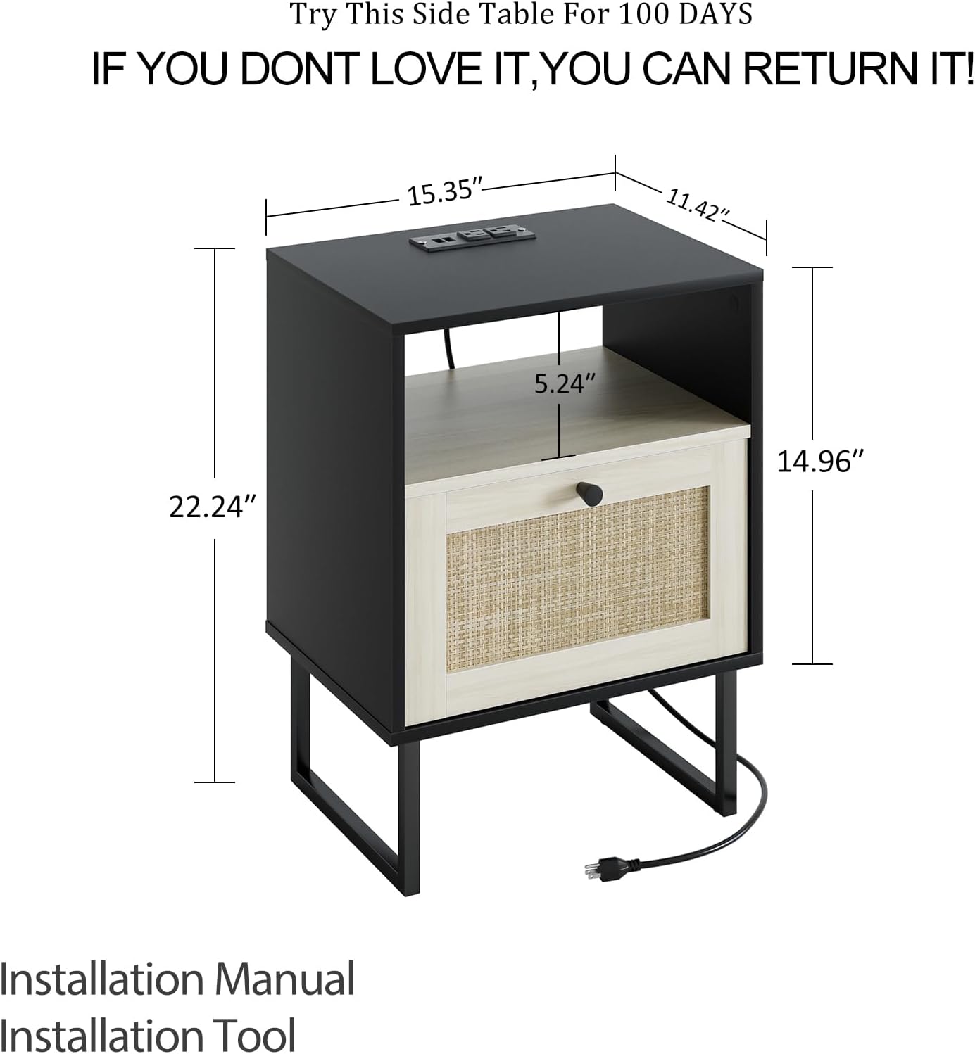Masupu Boho Night Stand, Small Rattan Side Table, Wood Nightstand with Drawer and Charging Station, Bedside Table with White Shelf, End Table for Bedroom,Living Room,Office (Black Mix White)