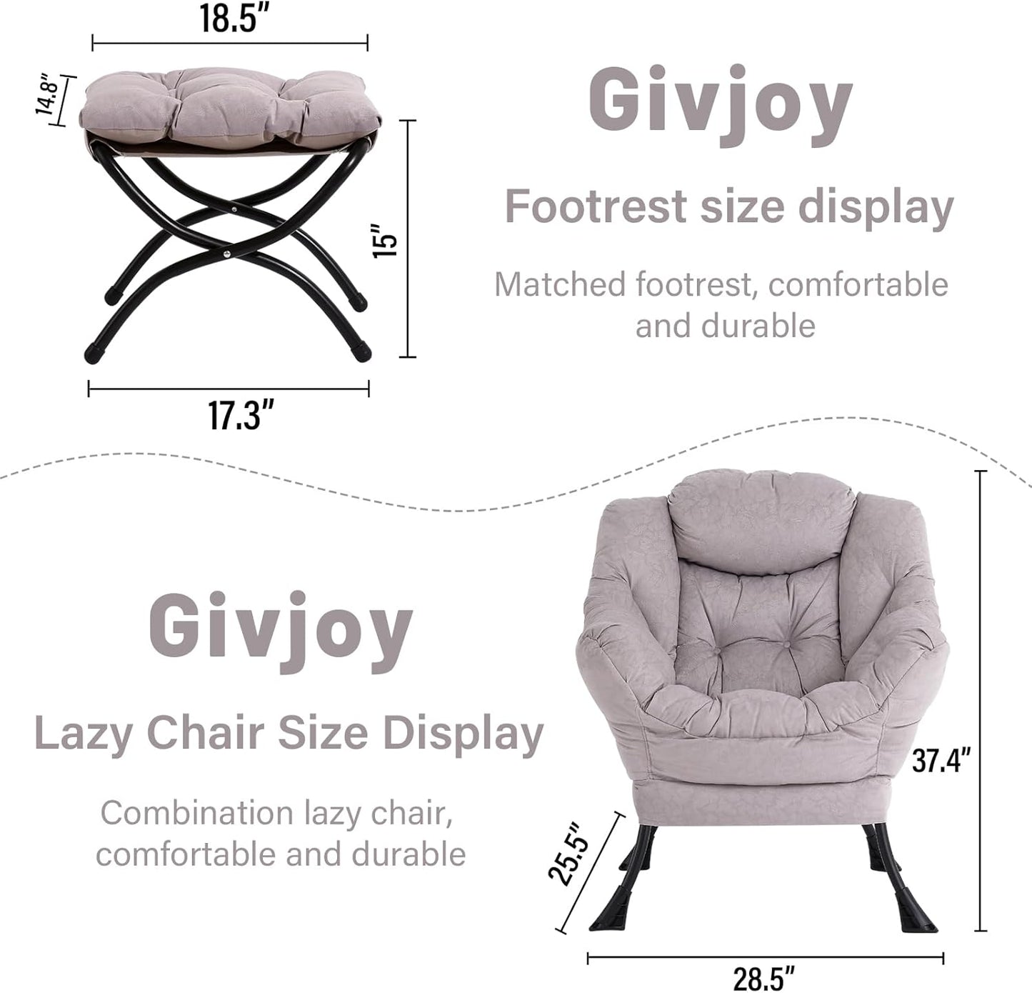 Lazy Chair and Ottoman, Large Accent Lounge Chair with Armrests and a Side Pocket, Modern Leisure Upholstered Sofa Reading Armchair with Footrest for Bedroom, Living Room, Dorm Rooms, Office