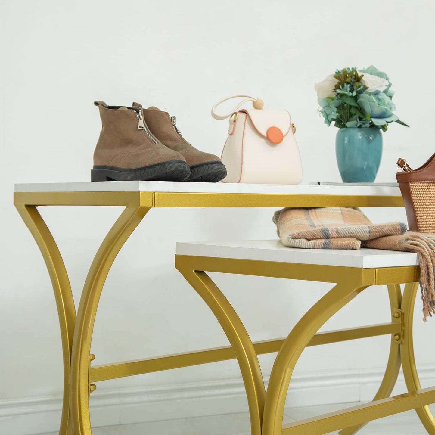 Metal Shoe Handbag Display Stand, Display Riser Shelf for Retail Store, Modern Nesting Tables 2 Piece Set, Iron and Wood, Gold