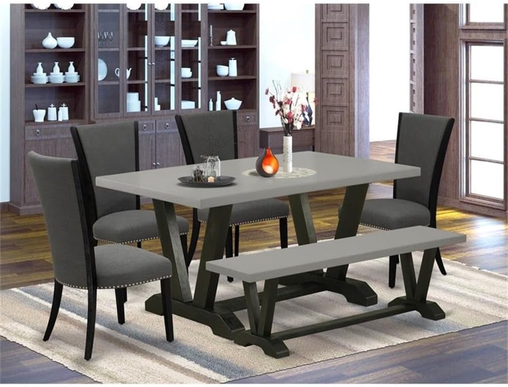 East West Furniture V696VE650-6 6 Piece Dining Set Contains a Rectangle Dining Room Table with V-Legs and 4 Dark Gotham Linen Fabric Upholstered Chairs with a Bench, 36x60 Inch, Multi-Color