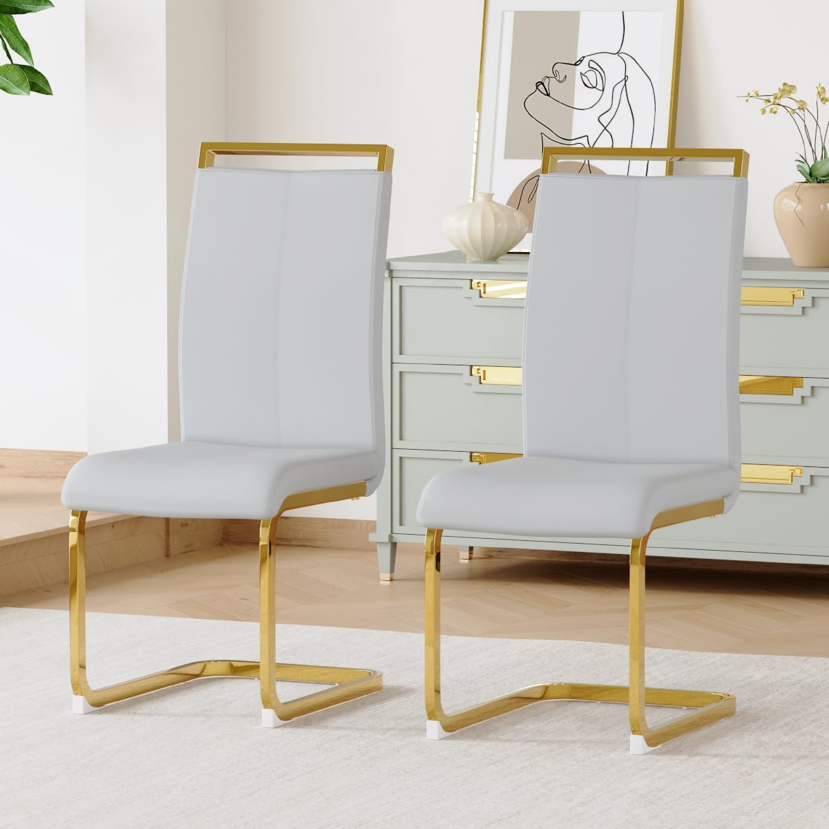 Dining Chairs Set of 2, Faux Leather Dining Chairs with Plated Chrome Metal Frame, Modern Kitchen Chairs Set with Padded Seat High Back for Dining Room, Kitchen Room, Living Room.