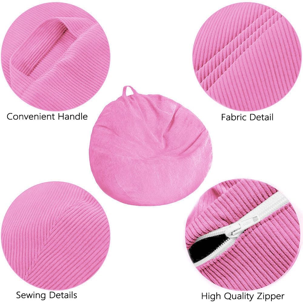 Kisoy Corduroy Bean Bag Cover (No Filler) - Washable, Ultra Soft, Pink, Solid, Round, Rolling, Storage Bag for Adults, Teens & Toys