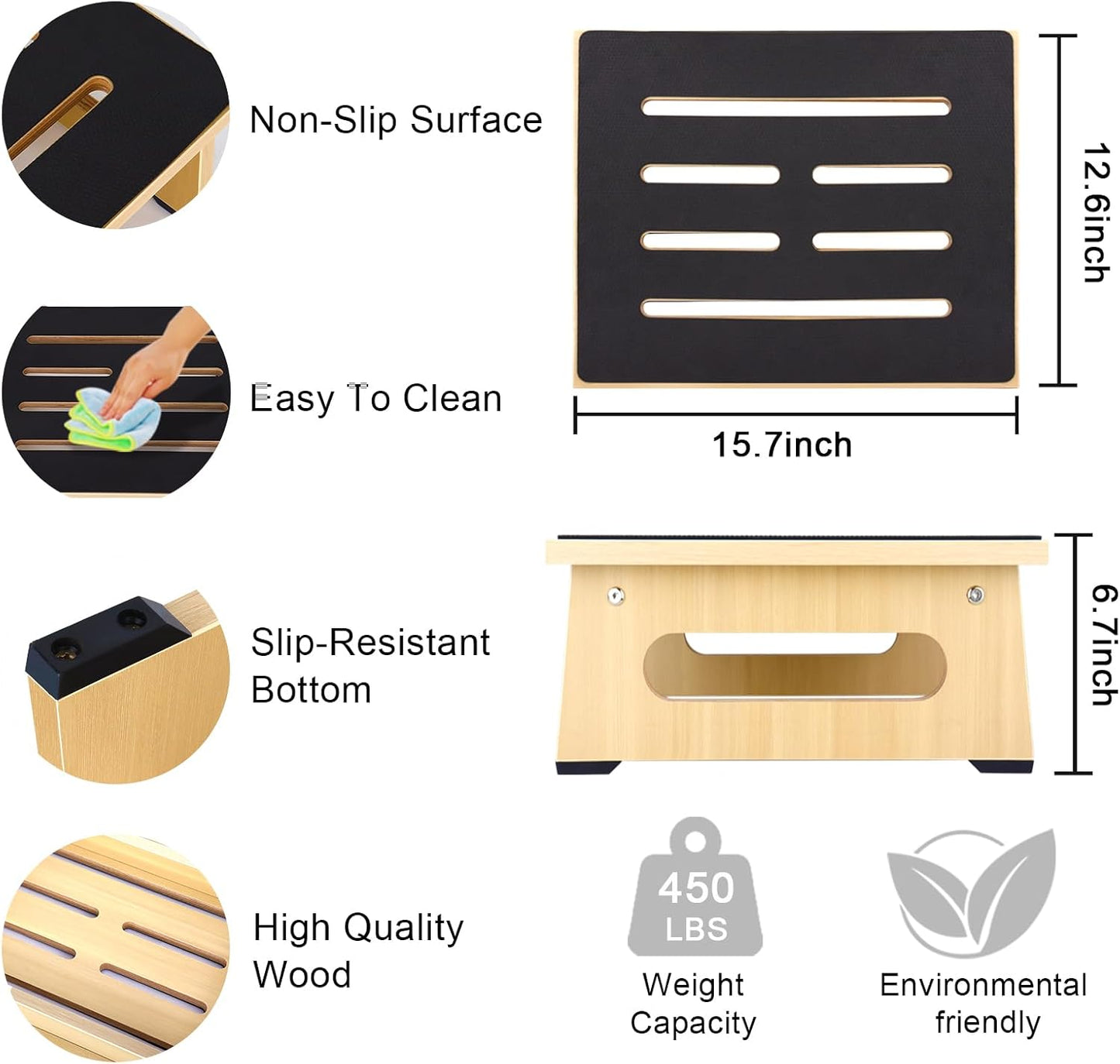 One Step Stool with Non-Slip Rubber Stepping Feet, Heavy Duty Wooden Step Stools, 450 LB Portable Bed Steps for High Beds for Bathroom, Bedroom, Kitchen & Bedside Support