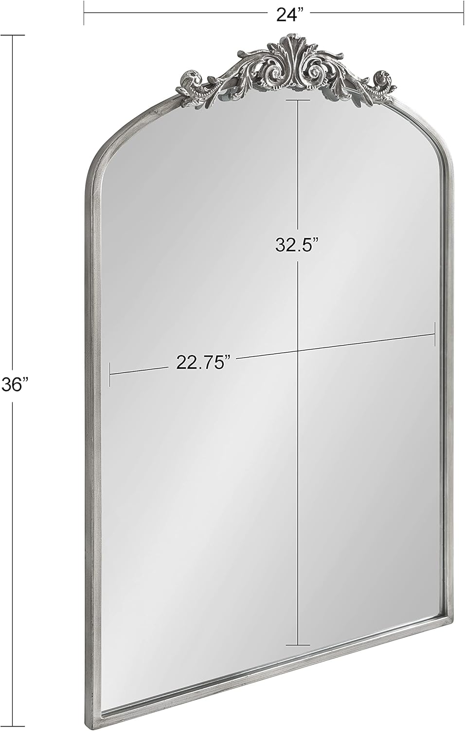 Kate and Laurel Arendahl Traditional Arch Mirror, 24 x 36, Antique Silver, Baroque Inspired Wall Decor