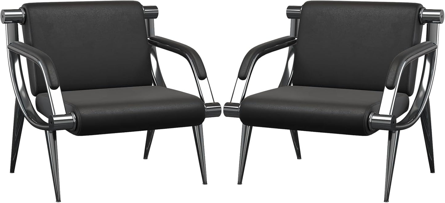 wonline 2Pcs Waiting Room Chair with Armrest Black PU Leather Office Furniture, Office Guest Seating Lobby Conference Reception Chairs for Airport Clinic Hospital Bank Salon Barber(Black)