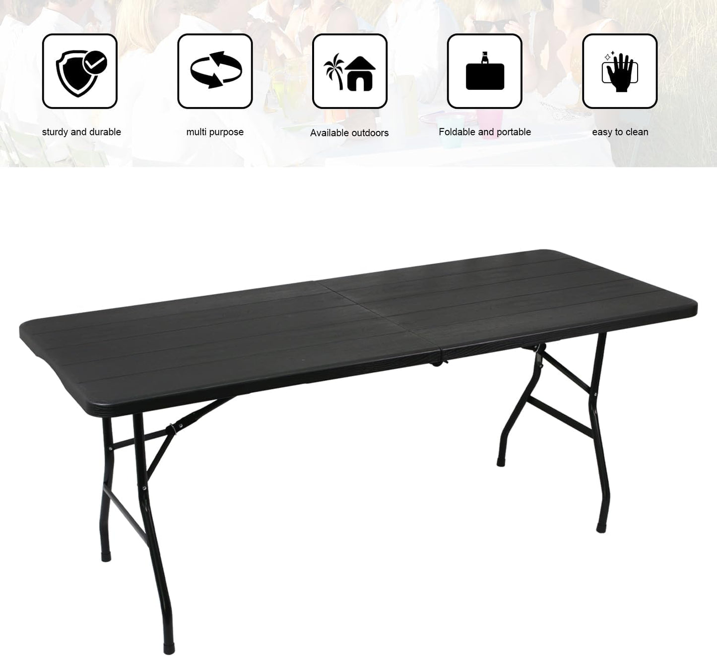 70.8" W X 29" D X 29" H - 6 ft Folding Table Black Wood Grain Portable Heavy Duty Plastic Fold-in-Half Utility Foldable Table for Camp，Picnic & Party