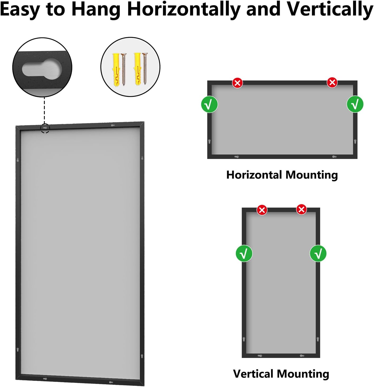 Bathroom Mirror 30x60 Black Bathroom Wall-Mounted Mirrors, Modern Vanity Mirror for Bedroom, Living Room, Aluminum Alloy Frame Allow to Hang Horizontally or Vertically