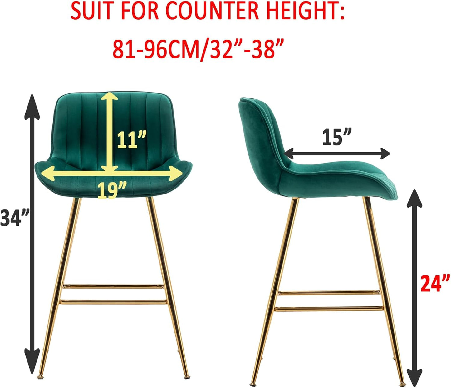 Sidanli Counter Height Bar Stools Set of 2, Modern Velvet Barstools with Back, 24 inch Seat Height Comfortable Island Stools with Gold Legs, Green