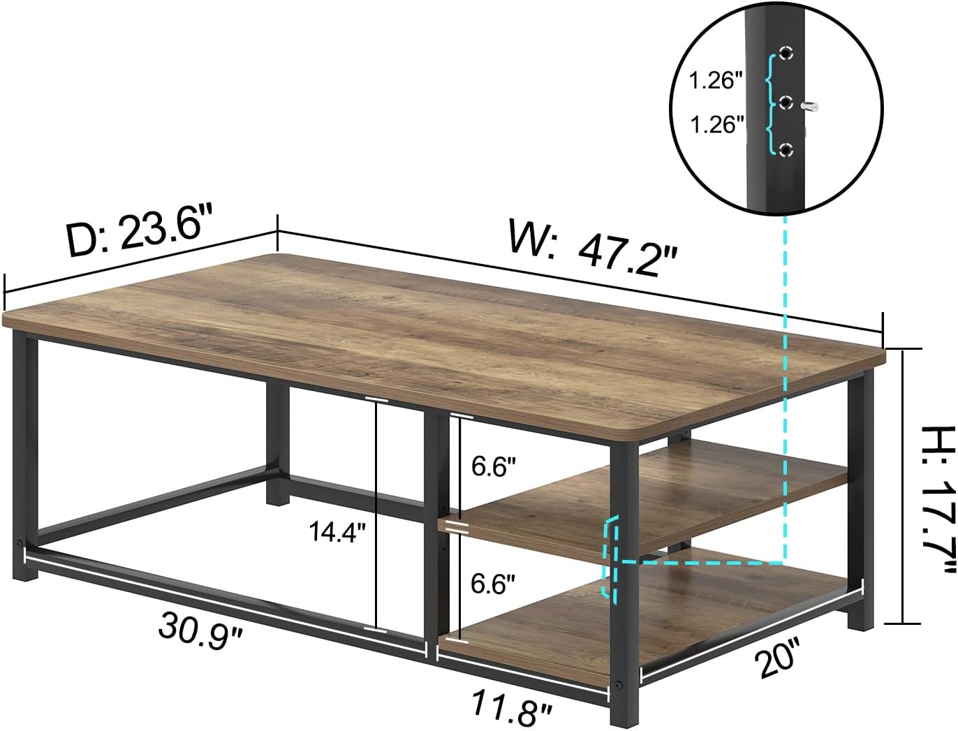EXCEFUR Coffee Table with Storage Shelf, Modern Wood and Metal Center Table for Living Room, Rustic Oak, 47 Inch