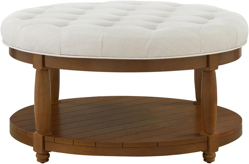 24KF Upholstered Round Coffee Table with Wooden Shelf, Tufted Button Large Round Ottoman with Spindle Wooden Legs, Linen Large Footrest Ottoman Pouf for Living Room, Ivory