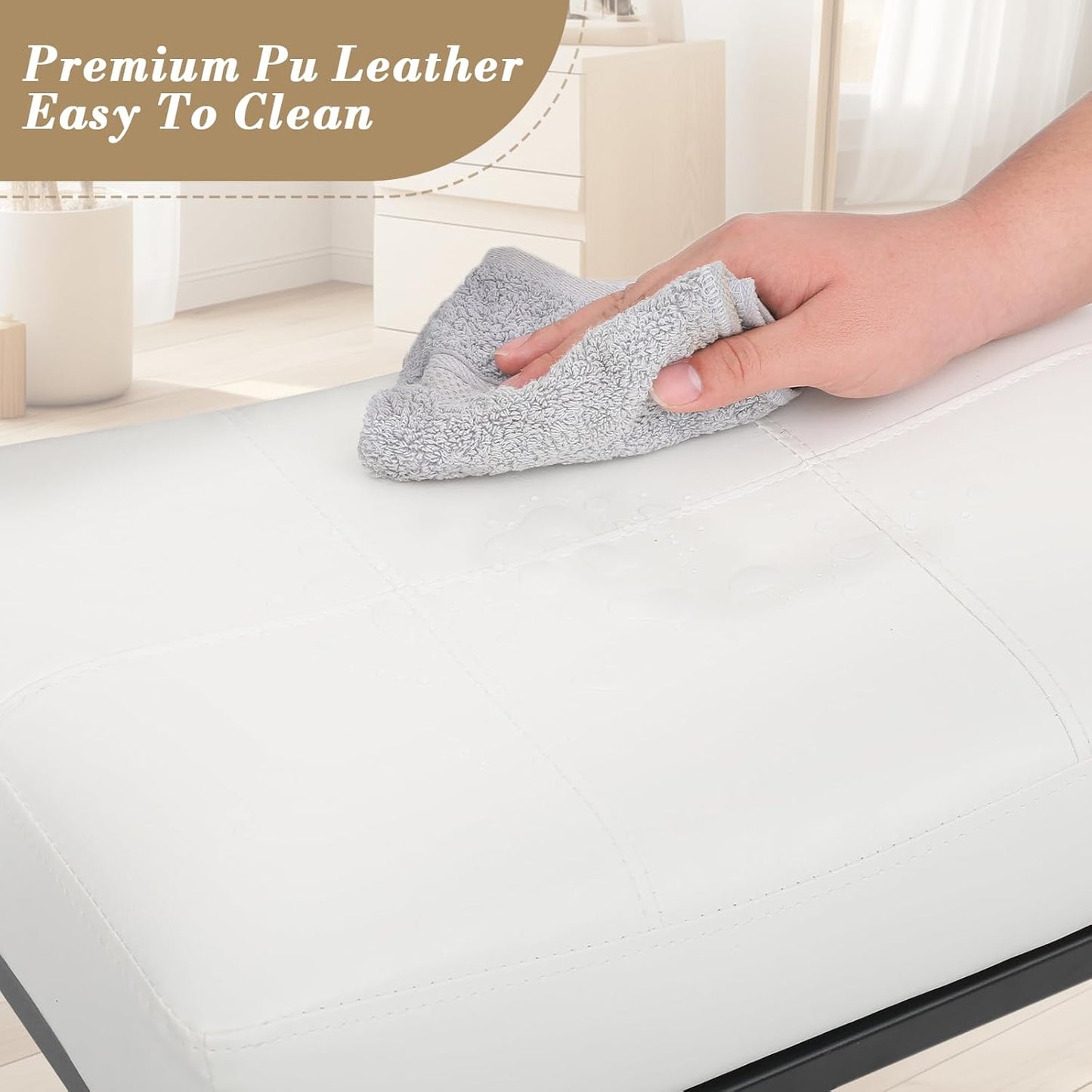 Athena Collection Counter Height Bar Stools Set of 2, 31.5 Inches Saddle Bar Stools with Leather Upholstered and Metal Legs, Backless Barstools for Counter, Kitchen Island, Dining Room, White