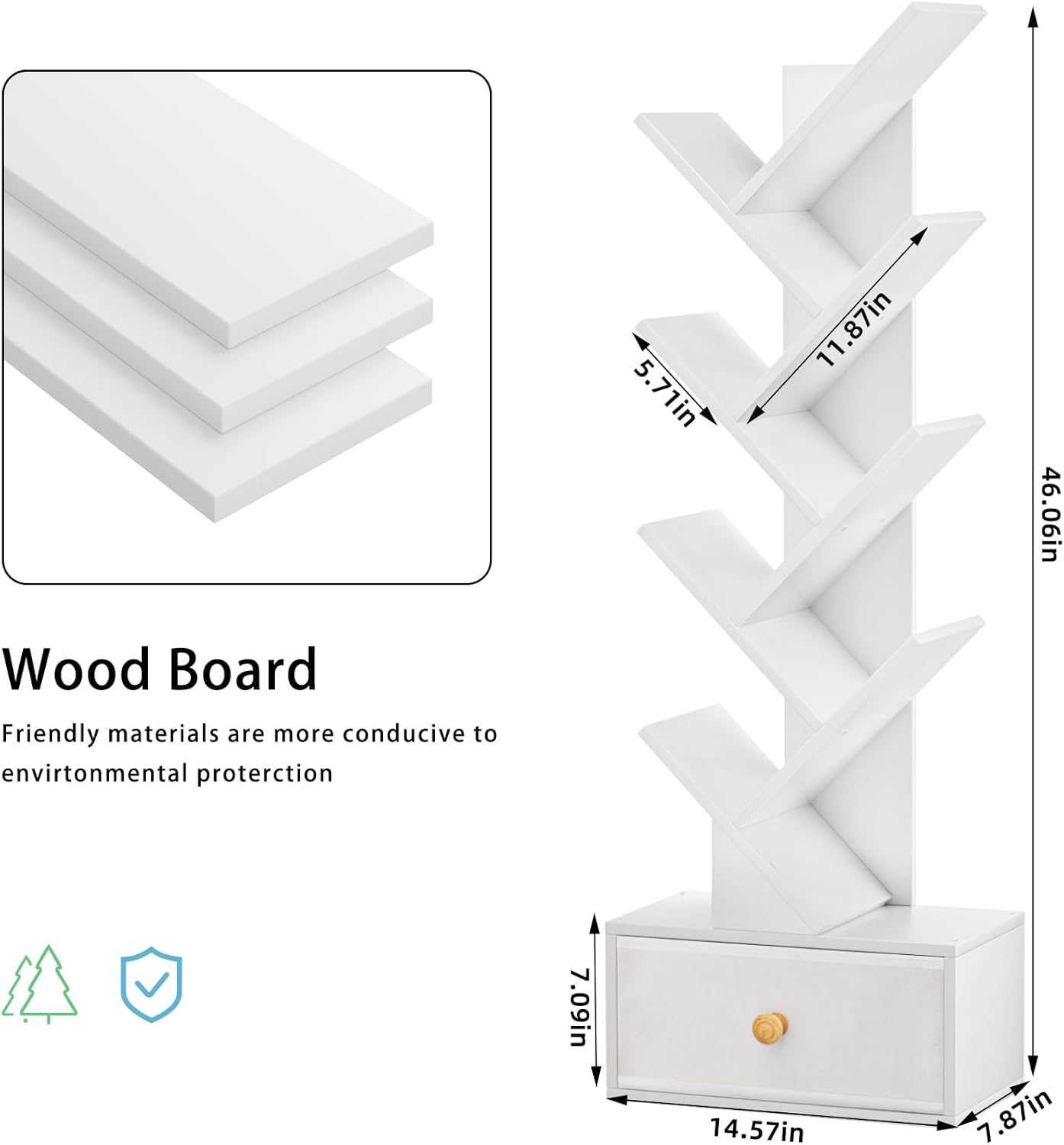 8 Tier Tree Bookshelf with Drawer, Free Standing Wood Bookcase for Living Room, Bedroom, Home Office, Space Saving Storage Organizer Bookshelves for Books, CDs, Vinyl Records- White