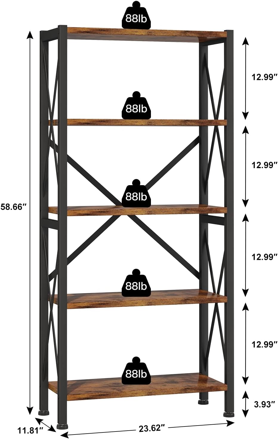 Homeiju 5-Tier Bookshelf,Wood Bookcase,Book Shelf with Steel Frame, Storage Rack with Open Shelves, Rustic Standing Bookshelves Ladder Shelf 110lbs/shelf for Bedroom,Living Room and Home Office