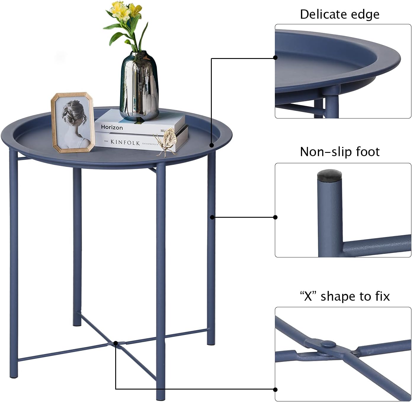 VECELO Side/End Table, Folding Round Metal Anti-Rust and Waterproof Outdoor or Indoor Tray for Living Room Bedroom Balcony and Office, 1 PCS, Blue