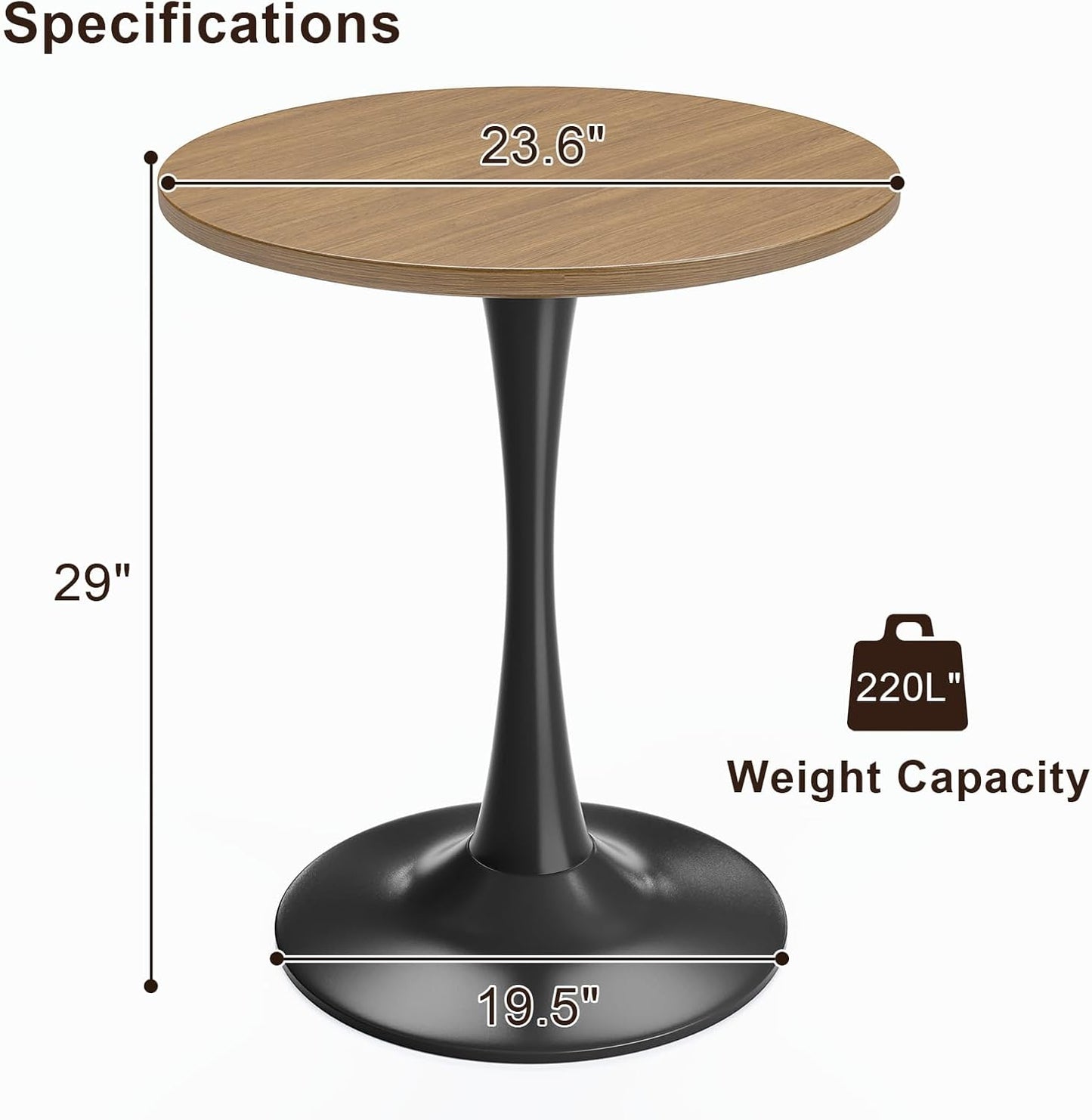 24" Small Tulip Table for 2 Person, Walnut Wood Round Dining Table for Kitchen, Mid Century Modern Table with Metal Pedestal Base for Cafe, Pub, Bar, Living Room, Bar, 24 inch Circle Bistro Tables