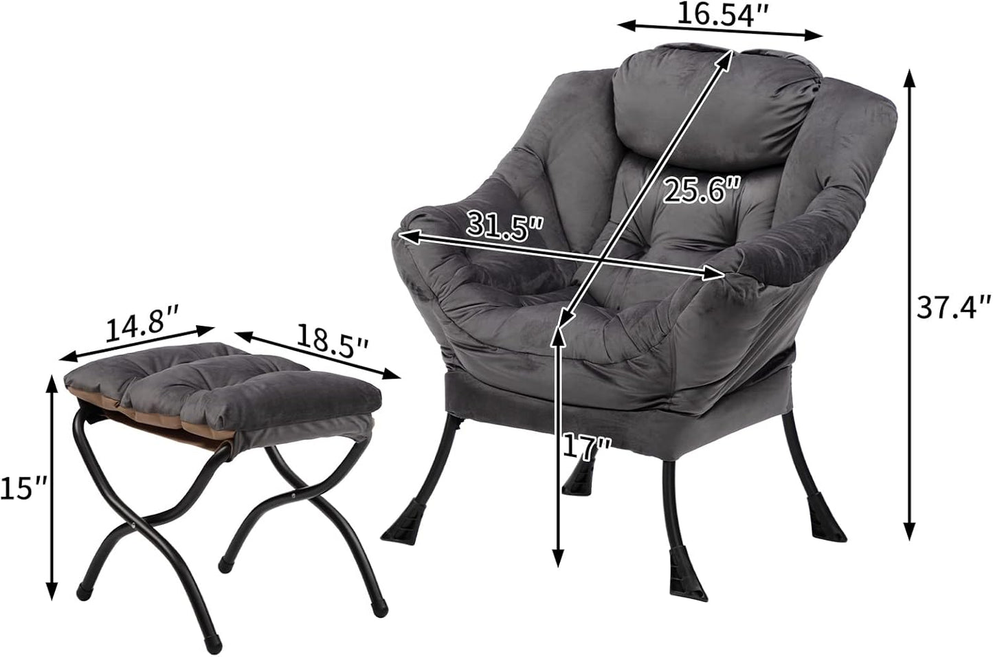 HollyHOME Fabric Lazy Chair with Foldable Ottoman, Accent Comfy Lounge Arm Chair and Folding Footrest Stool Set, Leisure Sofa Reading Chair and Footstool for Living Room, Bedroom, Dorm, Smoky Grey