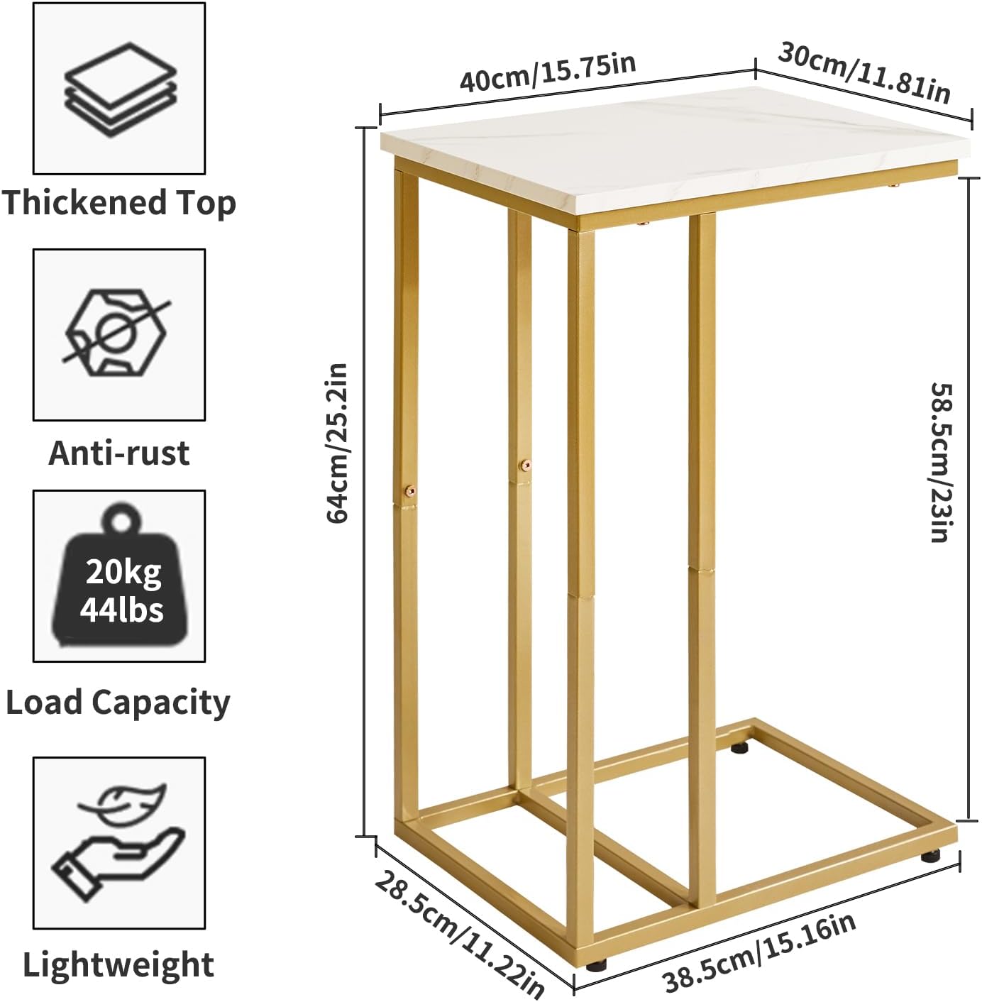 Small Side Tables C Shaped, End Table, Small Table Stand for Living Room Bedroom, Little Bedside Table Faux Marble+Gold YD-TM051G