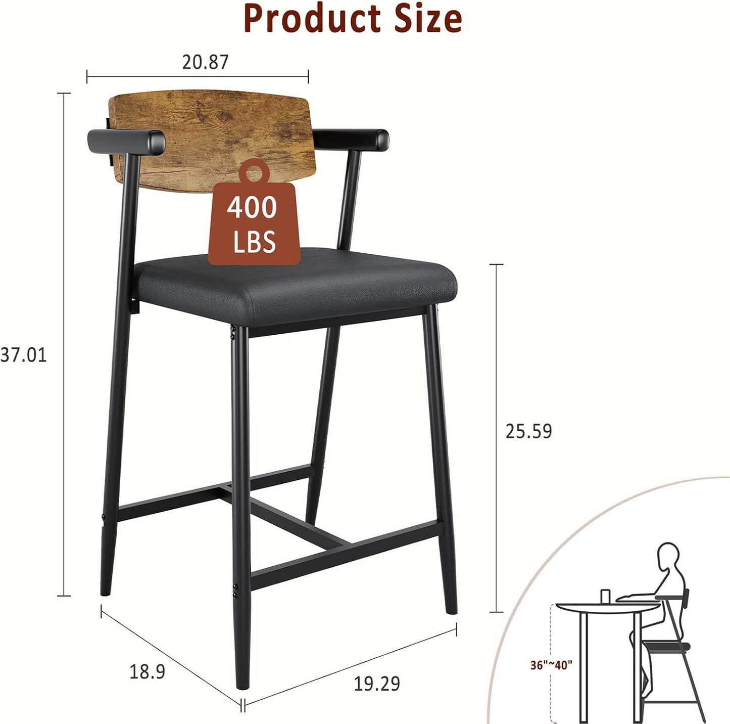 GarveeHome Counter Height Bar Stools Set of 2 with Arms, 26" Upholstered Modern Bar Stools Set with Wood Back & Footrest for Kitchen Island, Counter Bar, Wider Seat, Easy Assembly, Retro Brown