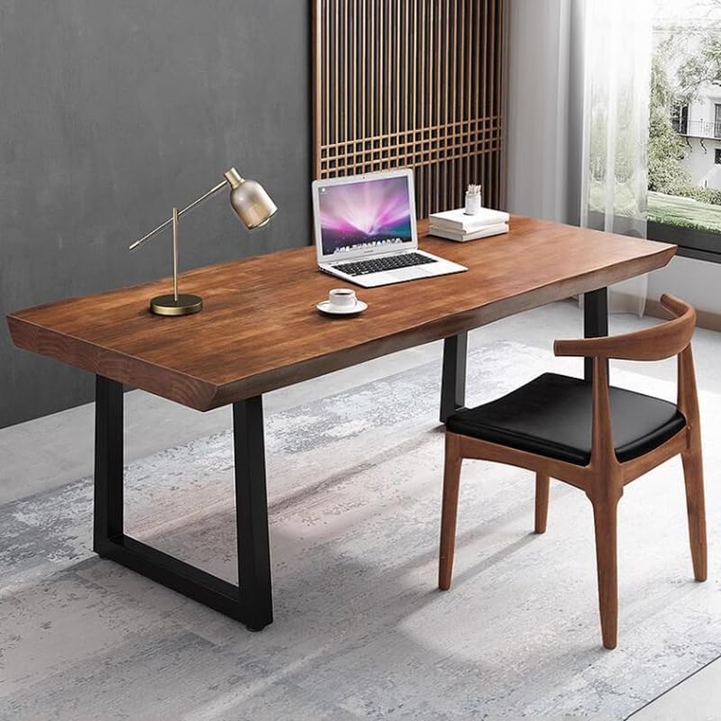 Modern Minimalist Solid Wood Office Desk with Metal Base Easy to Assemble Durable Writing Table Dining Table Computer Desk Multiple Ideal for Living Room and Dining Room (47inch)