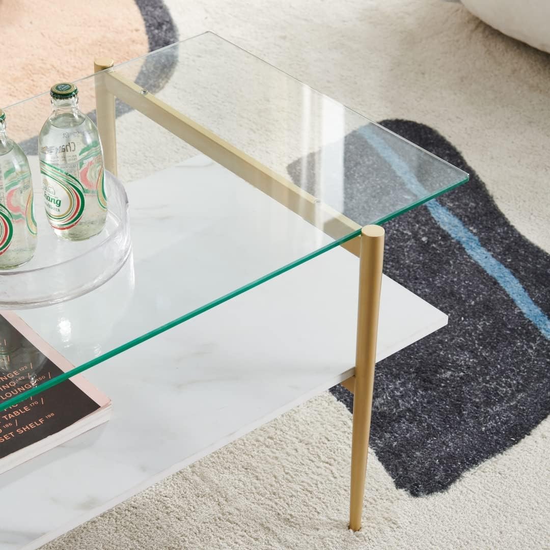 AGV LIGHTING Tadio Glass Coffee Table, Mid-Century Modern Coffee Table for Living Room, Gold Finish Leg, Clear Glass Top & Faux Marble Shelf, 41 in