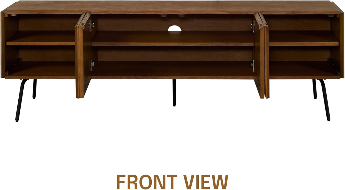 NTC Mossic TV Media Cabinet with 4 Doors for TVs, Entertainment Center with Natural Rattan, Metal Legs, Modern Storage Console for Living Room and Bedroom, Effortless Assembly, Rustic Oak