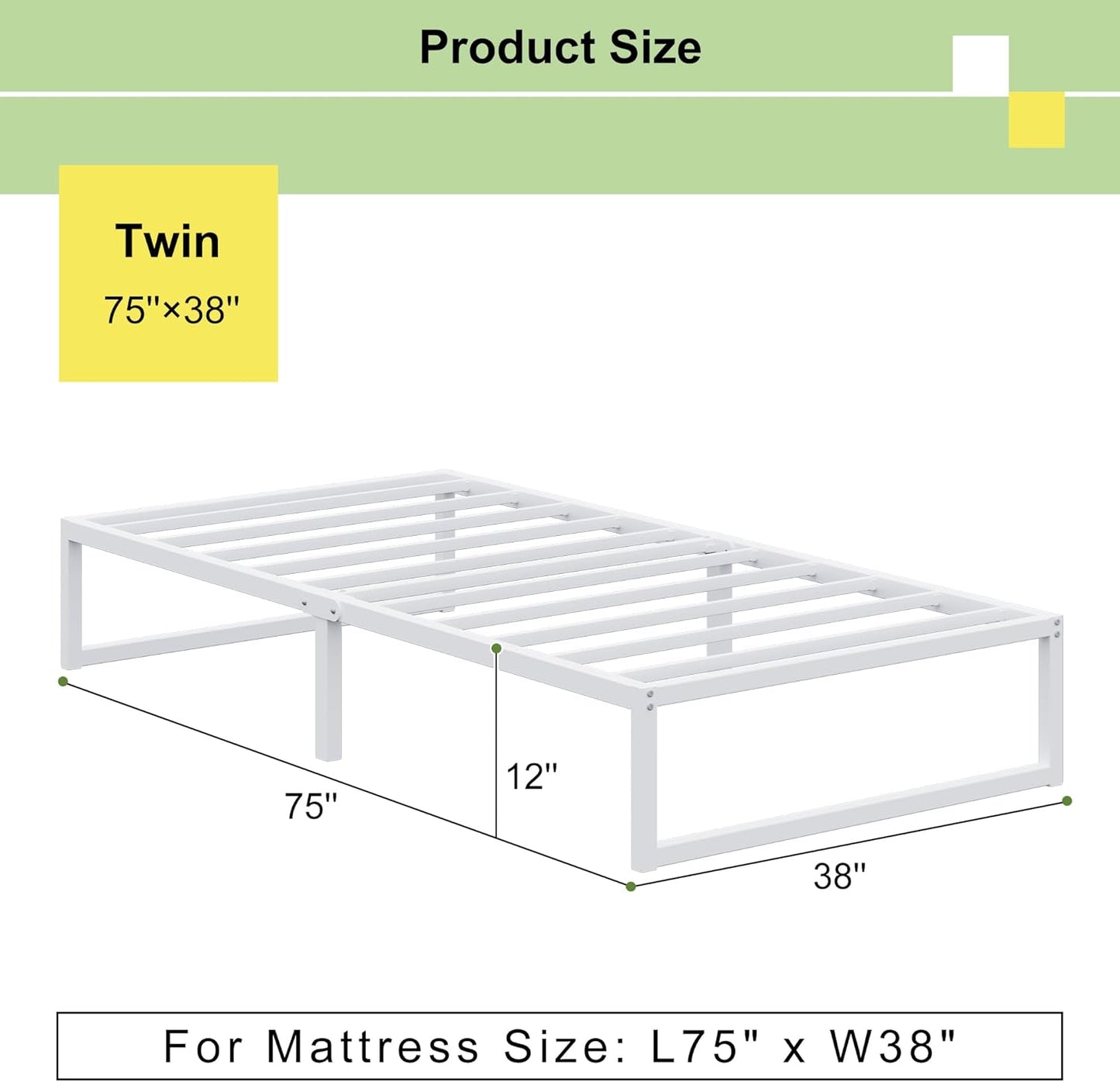 EMODA 12 Inch Twin Bed Frames, Metal Platform White Bed Frame Twin No Box Spring Needed, Heavy Duty Steel Slats Support, Easy Assembly, Noise Free
