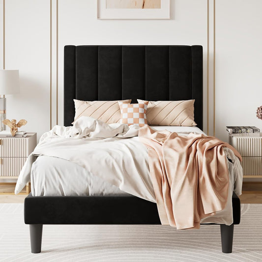 SHA CERLIN Twin Bed Frame/Velvet Upholstered Platform Bed Frame with Headboard/Strong Wood Slats Support/Mattress Foundation/No Box Spring Needed - Black