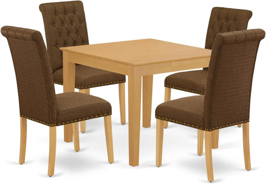 East West Furniture OXBR5-OAK-18 5 Piece Dining Room Furniture Set Includes a Square Dining Table and 4 Brown Linen Linen Fabric Upholstered Chairs, 36x36 Inch, Oak