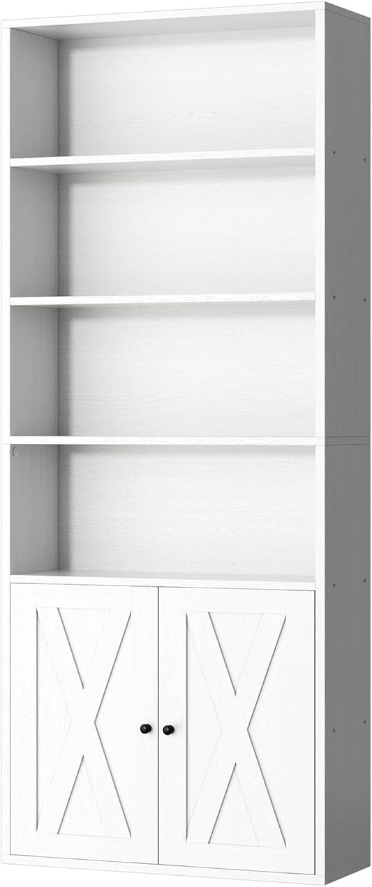 Shintenchi Bookshelf, Industrial Bookshelves and Bookcases with Doors Floor Standing 6 Shelf Display Storage Shelves 70.6 inches Tall Bookcase for Home Office, Living Room (White)