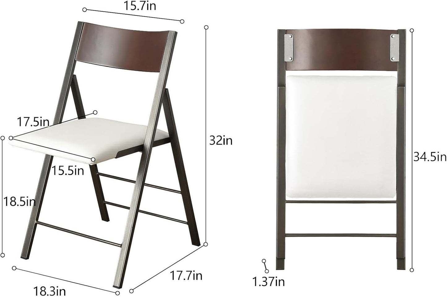 Folding Chairs with Cushion 2 Pack - Heavy Duty Steel Frame Foldable Dining Chairs, Waterproof Leather Indoor Outdoor Padded Chairs for Home, Conference Rooms,Weddings, Events (White)