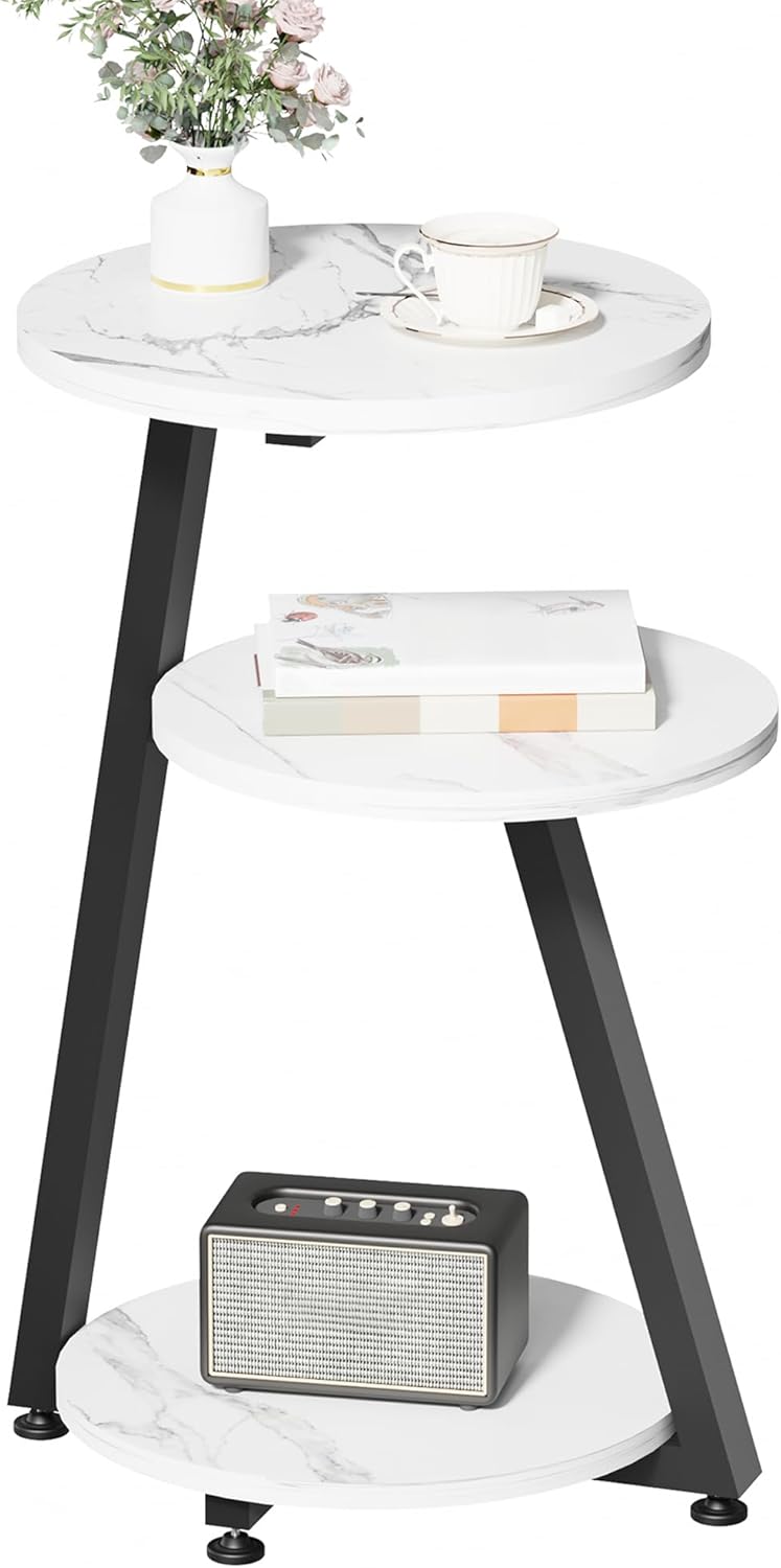 BEWISHOME Round End Table Marble Side Table with Metal Frame, Small Nightstand with 3-Tier Shelves, Night Stand for Living Room Bedroom Tall Black KTZ41H