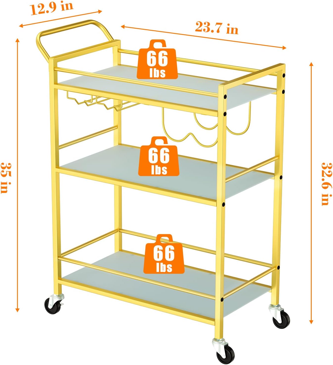 Gold Bar Cart, Serving Cart for Home, Rolling Beverage Cart with Wheels, Wine Cart, 3-Tier Drink Carts with Wine Rack, Glass Holder, Stylish Glass Shelf, for Kitchen, Living Room