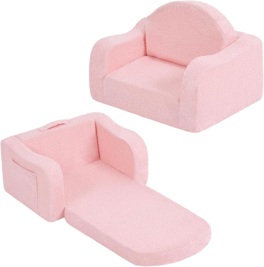 Welnow Kids Sofa, 2-in-1 Soft Sherpa Toddler Chair, Convertible Toddler Couch Lounger, Flip Out Kids Couch Chair with Side Pockets & Removable Cover for Girls and Boys, Pink