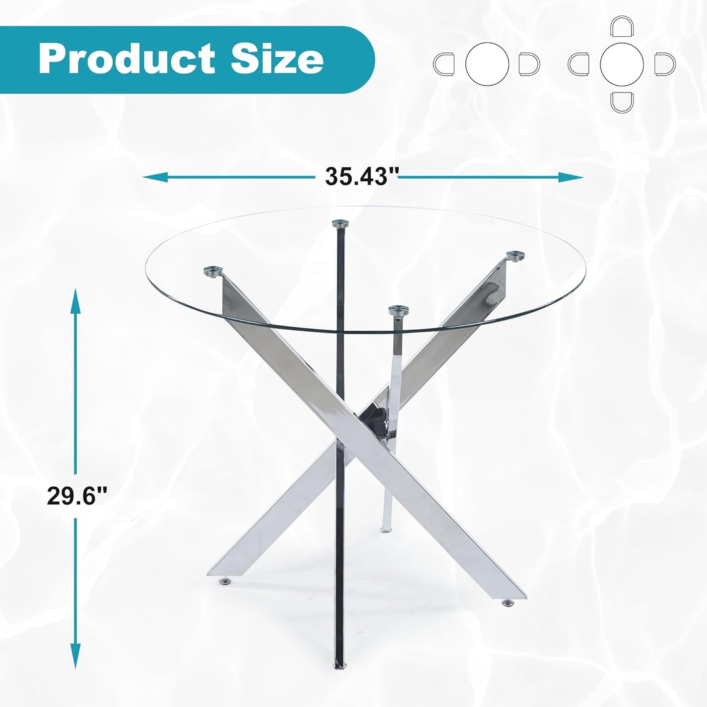Dining Table for 4 Modern Round Dining Table 35.43" Kitchen & Dining Room Tables with Metal Legs and Glass Tabletop for Dining Room and Apartment, Chrome