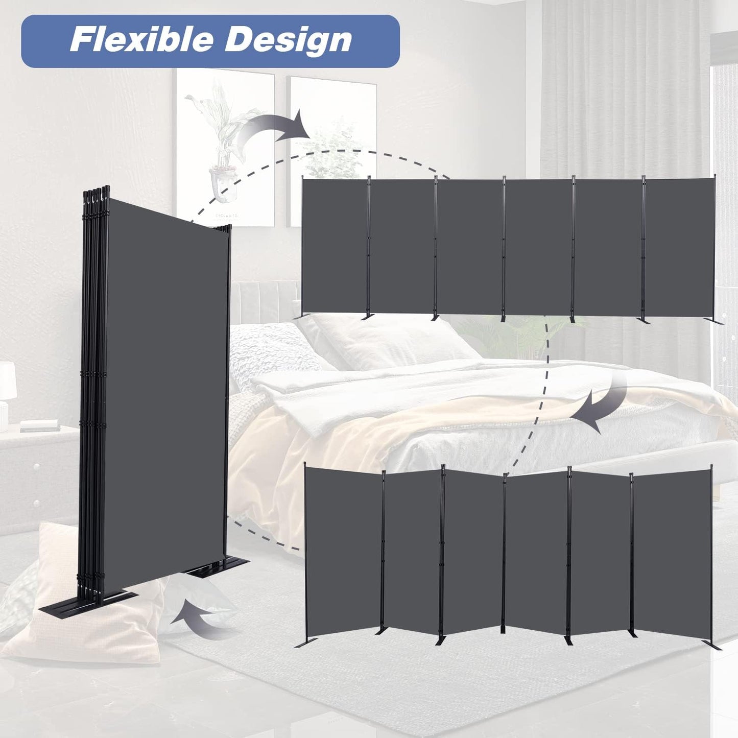 Room Divider, 6 Panel Folding Privacy Screens with Wider Support Feet, 6 Ft Portable Room Partition for Room Separator, 204" W X 71" H, Grey