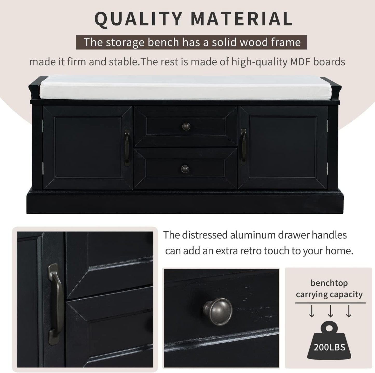 42″ Storage Bench with 2 Drawers and 2 Cabinets，Multipurpose Entryway Shoe Rack W/Removable Cushion，for Living Room Hallway Porch,Black