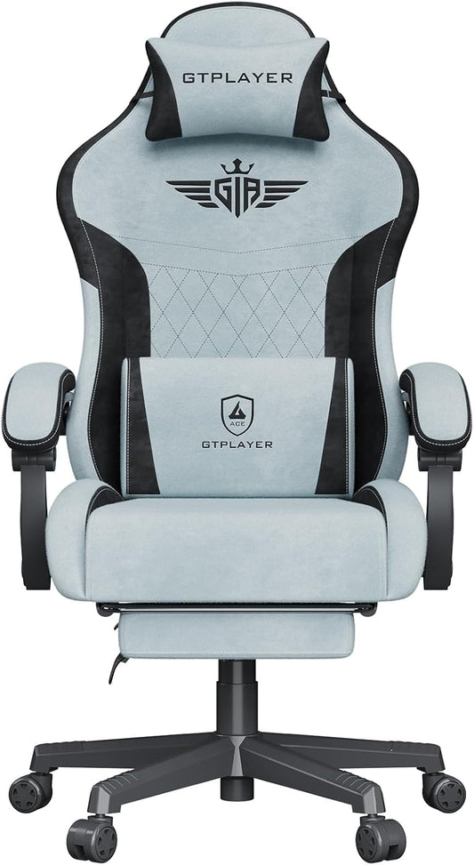 GTPLAYER Gaming Chair, Video Game Chairs with Footrest and Lumbar Support, Computer Chair for Adults with Extended Backrest, Ergonomic Reclining Silla Gamer, Velvet Fabric, Light Blue