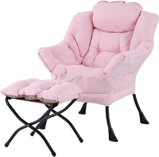 Lazy Chair with Folding Ottoman, Modern Accent Lounge Armchair with Armrests and a Side Pocket & Foldable Footstool, Leisure Reading Chair for Living Room, Bedroom, Dorm & Office, Pink